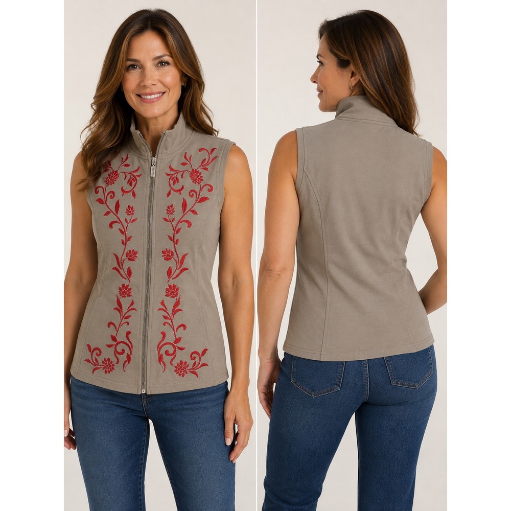 Bob Mackie Wearable Art Vest Womens XS Tan Red Embroidered Floral Full Zip NWT